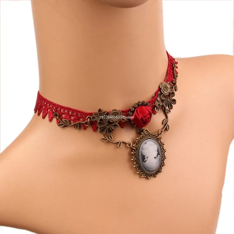 Bohemia Fashion Trends Neck Collar Vintage Jewelry Big Red Lace One Piece Beauty Avatar Necklace for Women Y2k Accessories