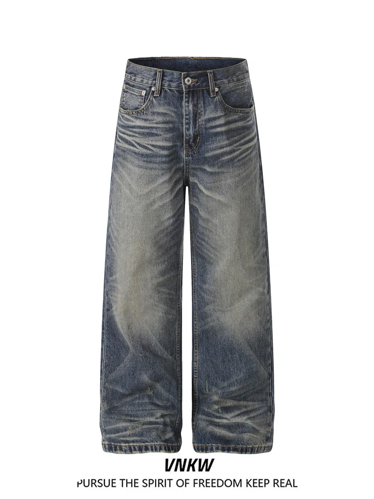 Calça Jeans Vintage Lavada com Efeito Desgastado e Padrão Bigodes de Gato, Corte Reto Solto, para Homens e Mulheres, Casual e...