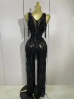 Sparkly Black Rhinestones Sequined Fringe Jumpsuit Women Sexy Nightclub Party Birthday Outfit Show Singer Stage Perform Costume - Image 3