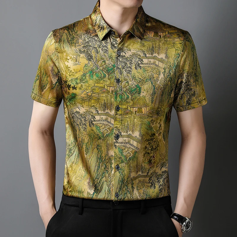 Vintage Casual Men Shirt Real Silk Short Sleeve Premium 3D Print Summer High Quality Soft Comfortable Designer Camisas De Hombre