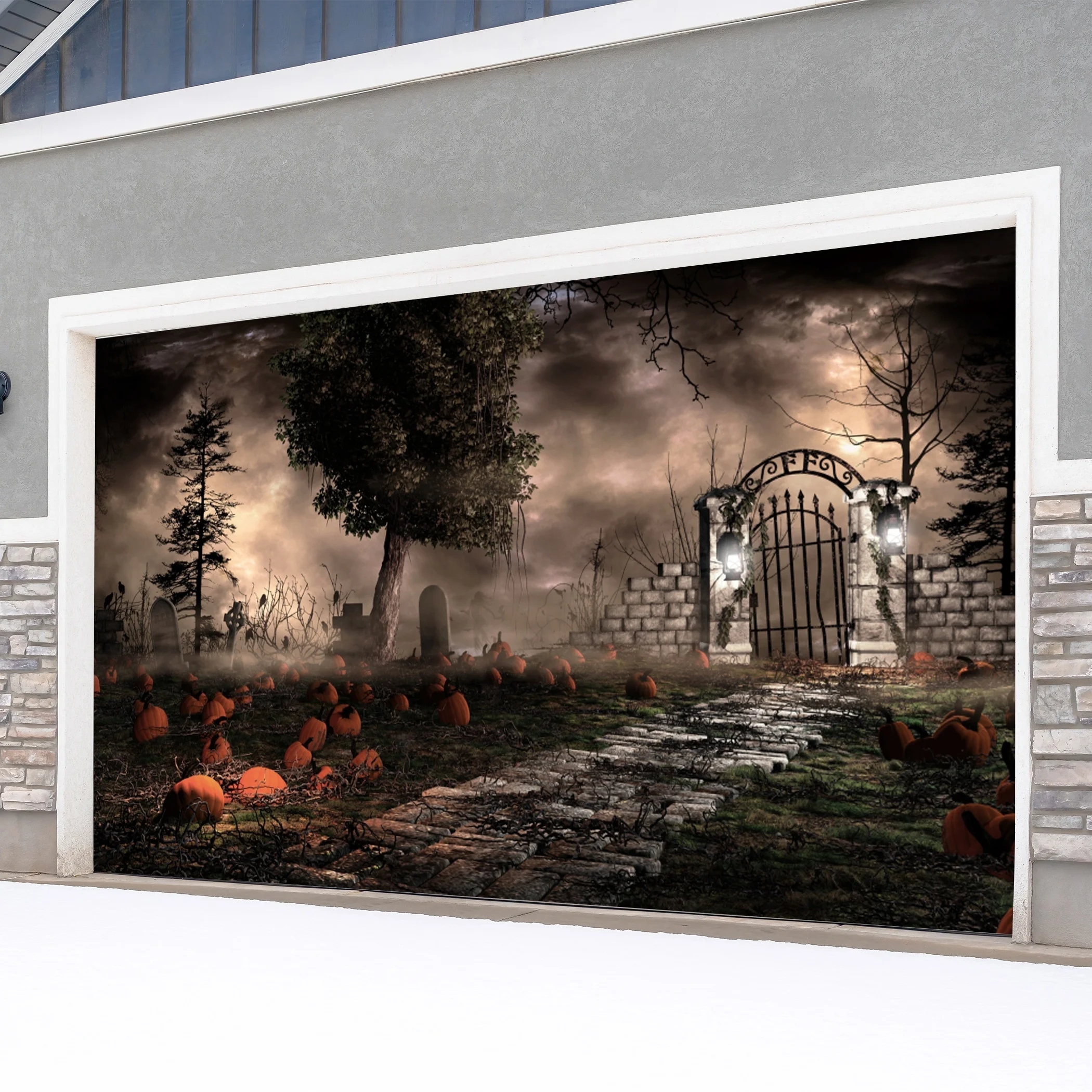 ديكور باب المرآب للهالوين - مقبرة Ghost Night وموضوع اليقطين - بوليستر، ديكور للاحتفال الخارجي #2