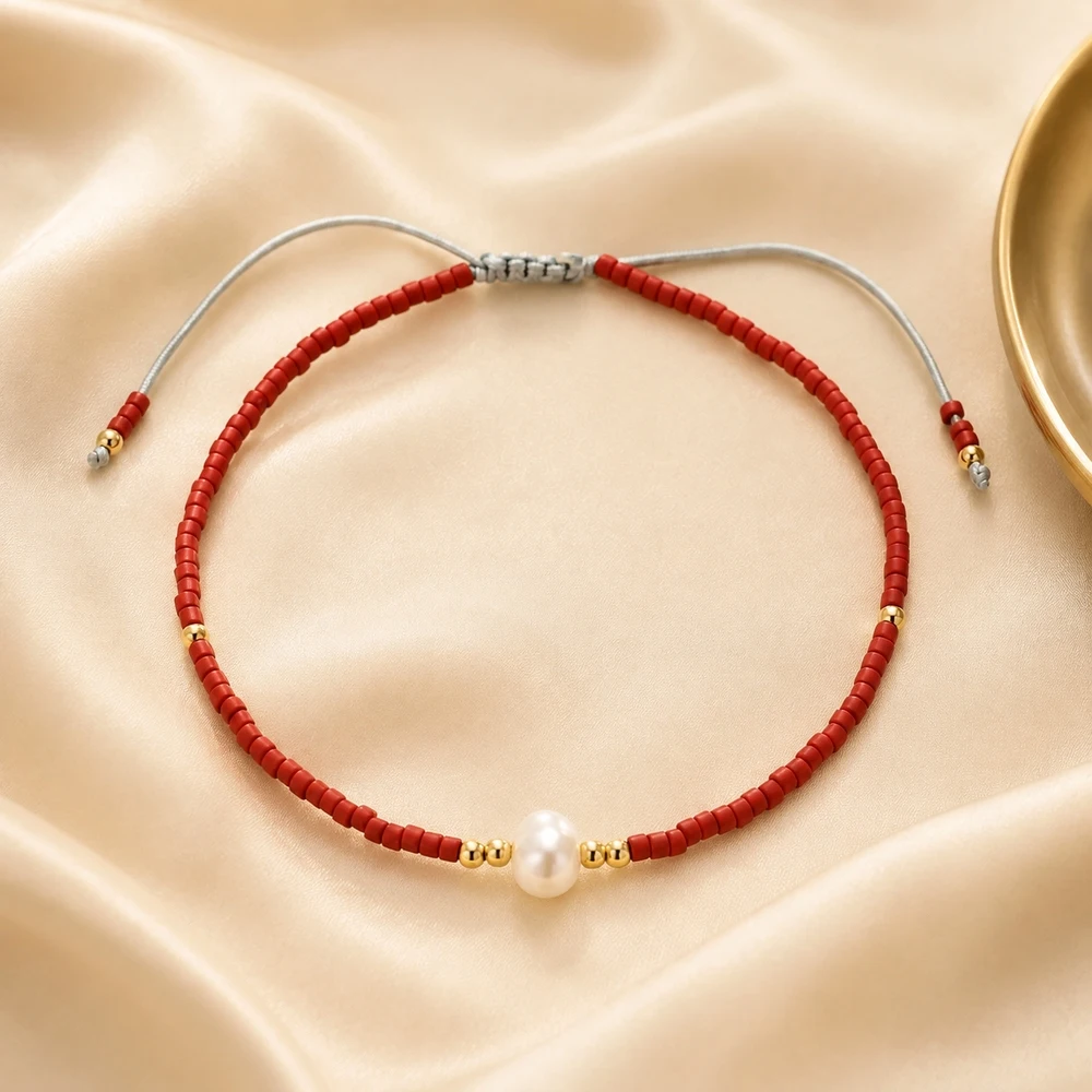 1pc Adjustable Red Beaded Strand Bracelet with Baroque Freshwater Pearl Gold Color Accent for Women Bohemian Style