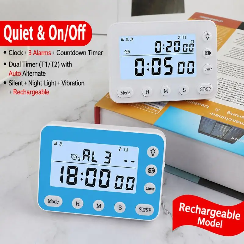Rechargeable Countdown Timer Reminder Vibration Mute Mode Time Manager for Study Cooking Fitness