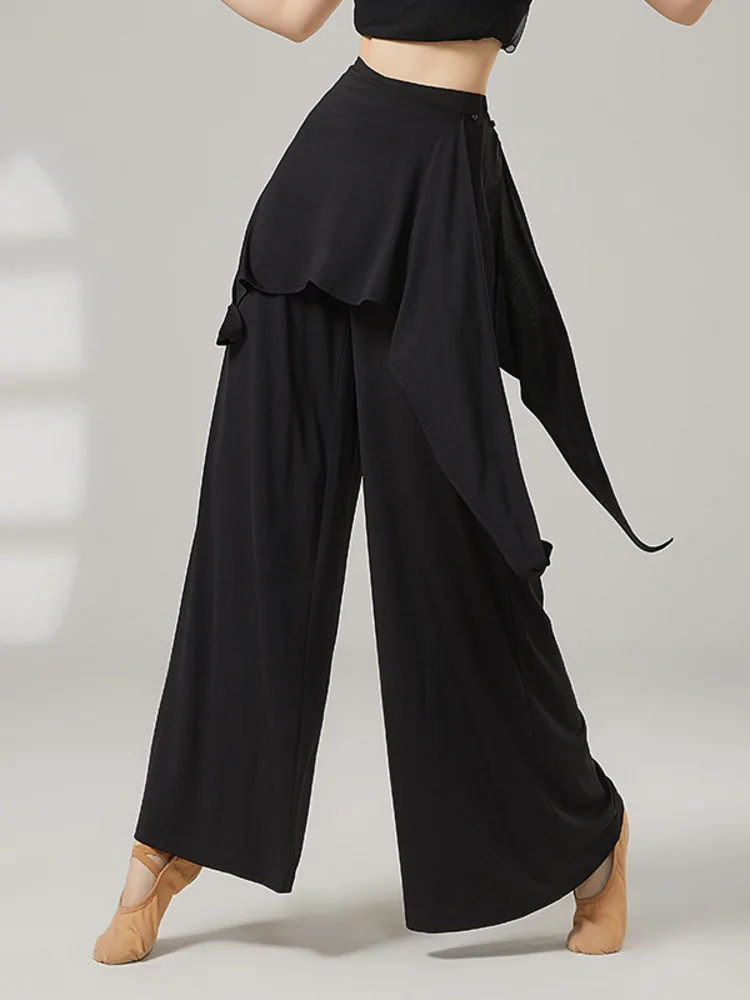 سراويل رقص باليه فضفاضة عالية الخصر للسيدات، سراويل واسعة الساق بلون سادة ذات طبقات من قطعتين لأداء التدريب