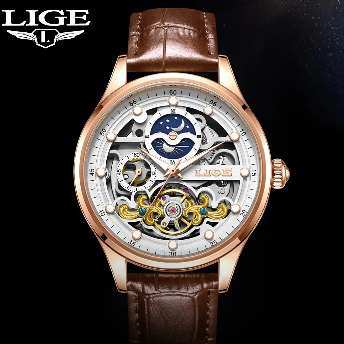 

LIGE Luxury Business Men Watches Fashion Leather Automatic Mechanical Watch Waterproof Moon Phase Tourbillon Skeleton Man Watch