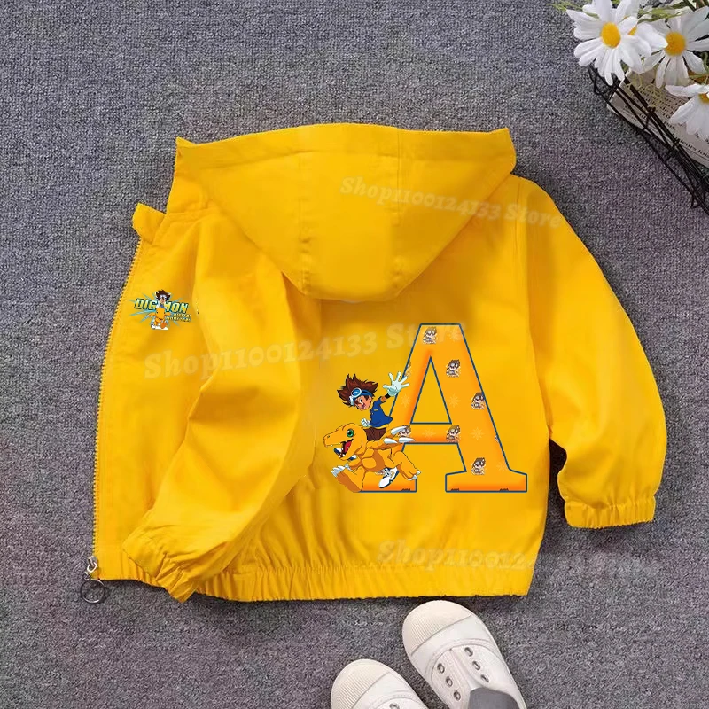 

Digimon Agumon Baby Hooded Jacket Sweatshirt Kids Cute Letters A-Z Anime Print Child Windbreaker Long Sleeve Tops Kawaii Clothes