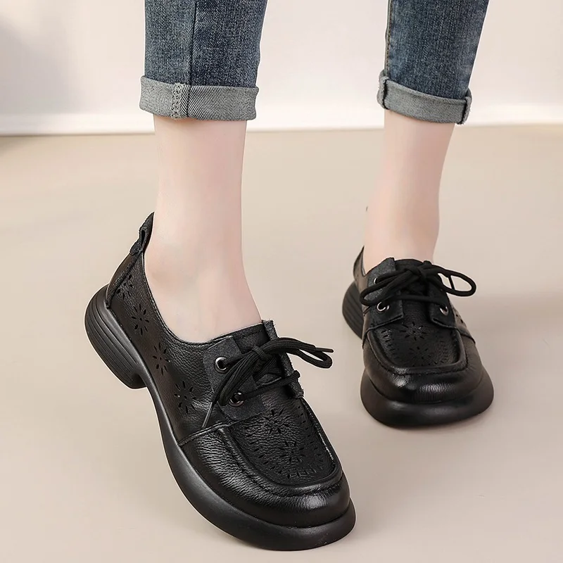 DRKANOL British Style Flat Heel Shoes For Women Genuine Leather Lace-Up Round Toe Hollow Breathable Low Heel Casual Oxford Shoes