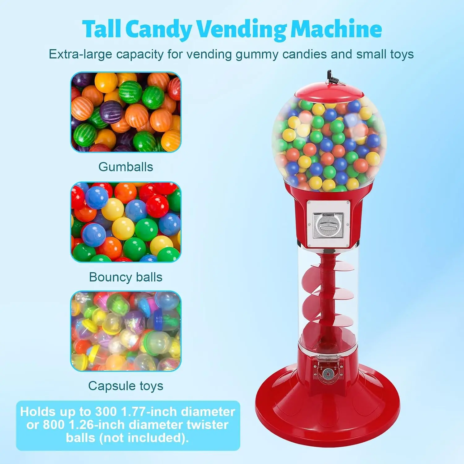 Commercial Candy Gumball Vending Machine, Tall Twirling Style Twister Ball Dispenser, Cylindrical Bubble Gum Vending Bank for To