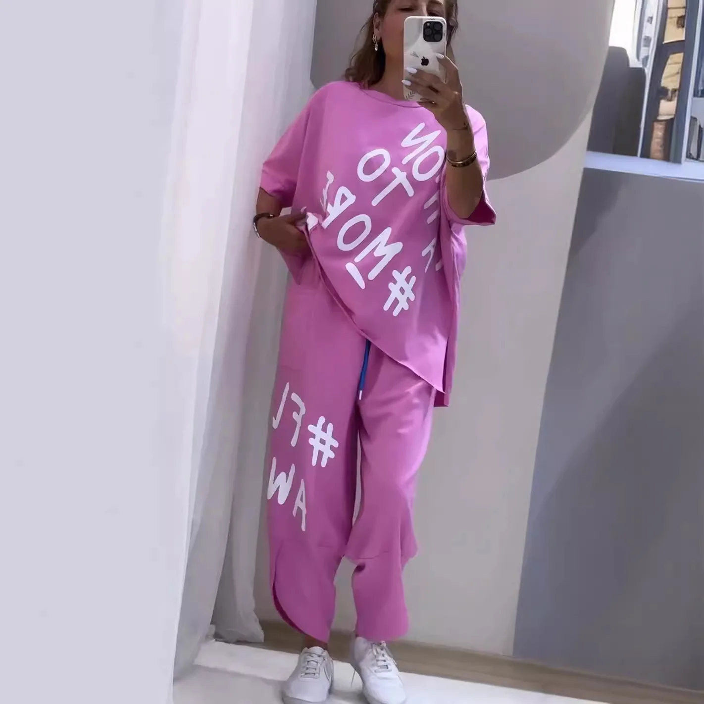 Summer Fashion Letter Print Two Piece Set Women Casual Loose Sporty Style Tshirt Drawstring Sports Pants Two Piece Suit Women