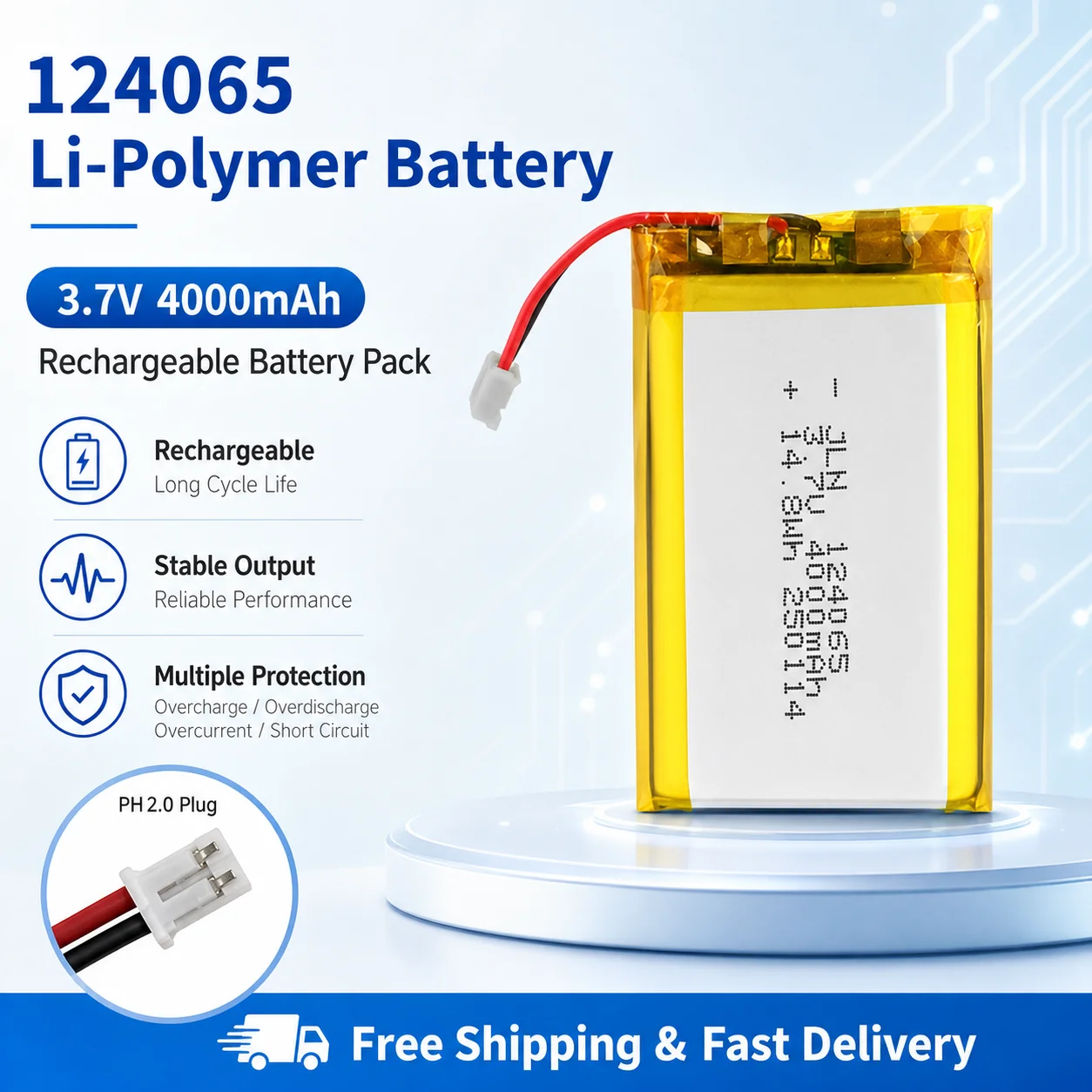 3.7V 4000mAh 124065 LiPo Battery Rechargeable Lithium Polymer Battery PH2.0 Connector for LED DIY Electronics