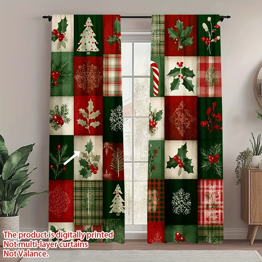Christmas Icons Patchwork Pattern Window Curtains Decorative Home Decor for Living Room and Bedroom