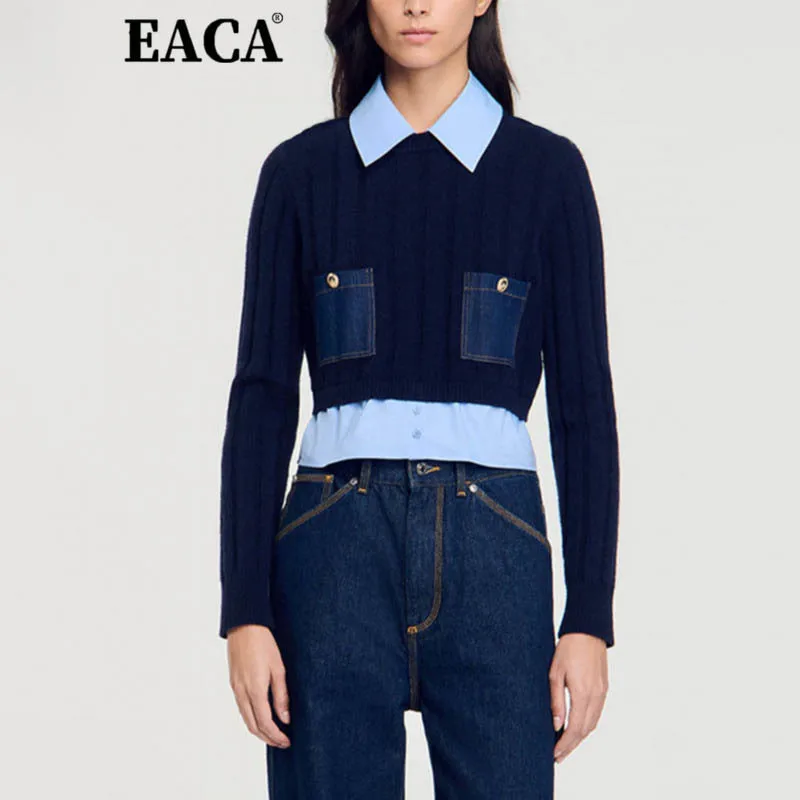 

EACA 2200, осенний новый искусственный воротник-поло из двух частей с контрастным цветовым сращиванием, модный и универсальный нишевый топ