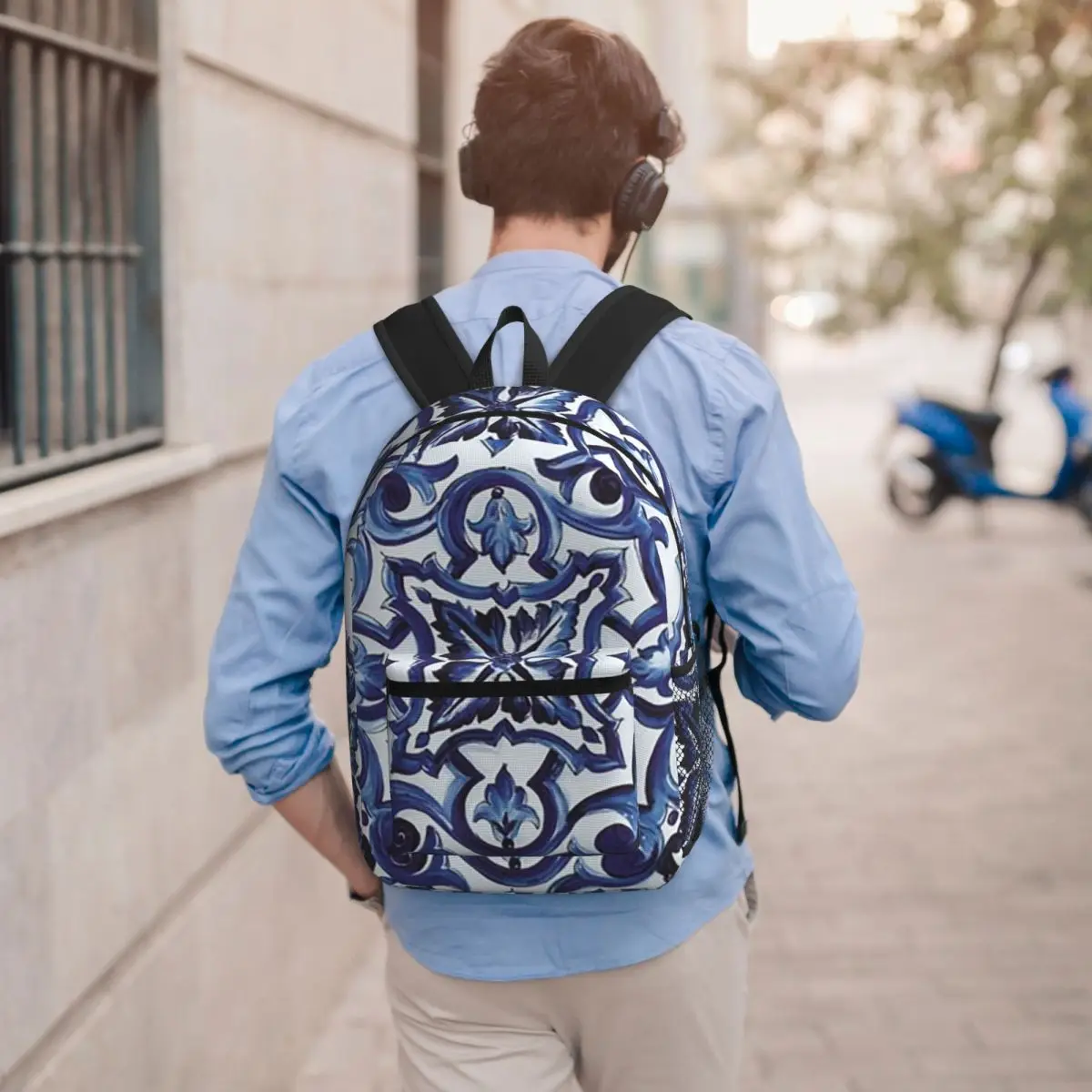 Blue Ornate Floral Mediterranean Sicilian Tile Backpack Boys Girls BookBag School Bag Laptop Shoulder Bags for Men Women