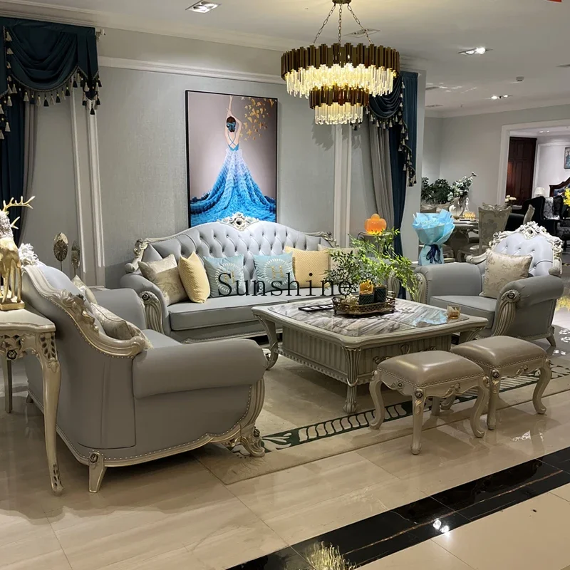 European-style all-solid wood leather sofa combination villa living room furniture luxury large apartment