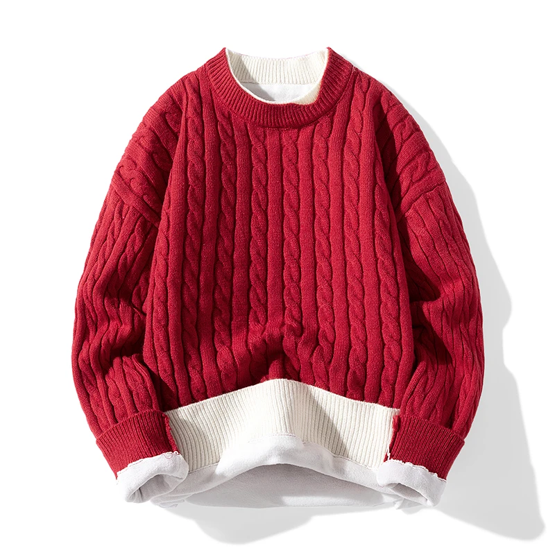 Men's Round Neck Fake Two Pieces Sweaters Winter Casual Thick Twists Solid Color Long Sleeve Pullover Loose Knitted Bottom Tops