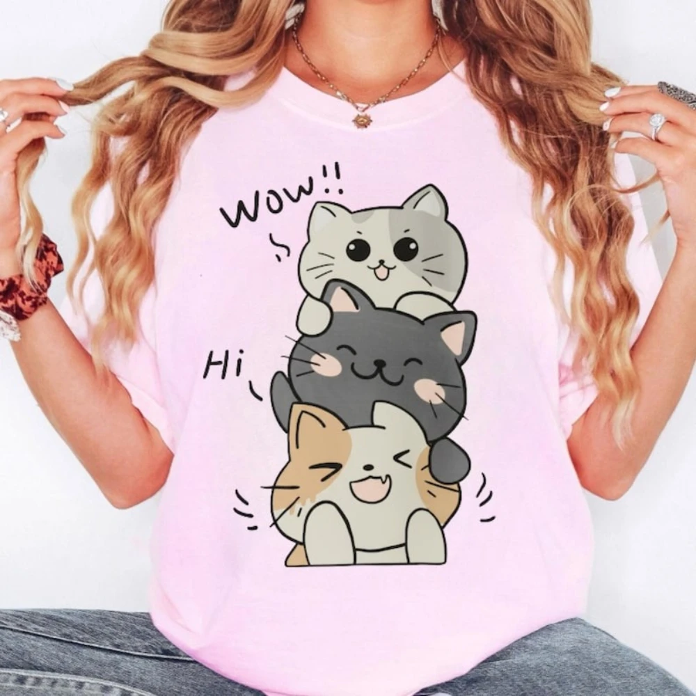 Stacked Cats Cartoon T-Shirt Cat Lover Gift Woman Man Casual Cotton Graphic T Shirts Creative Streetwear Tops Tee Short-sleev