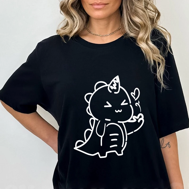 Amor dos desenhos animados pequeno dinossauro padrão camiseta feminina rua casual oversized topos moda verão hip hop manga curta camisetas