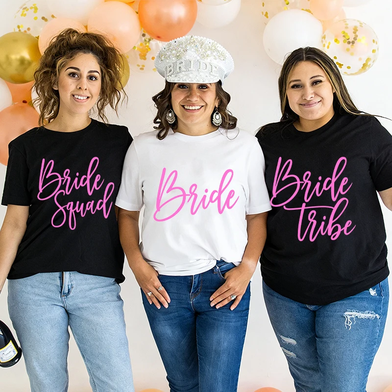Bride Squad & Bride Tribe Graphic Tees Women Bachelorette Hen Party Matching Tops Casual Short Sleeve Tees for Wedding Group