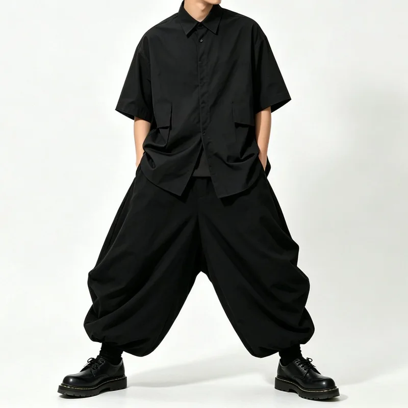 Men'S Casual Dark Loose Lantern Pants, High-Waisted Drawstring Wide-Leg Pants, Trendy Cropped Pants