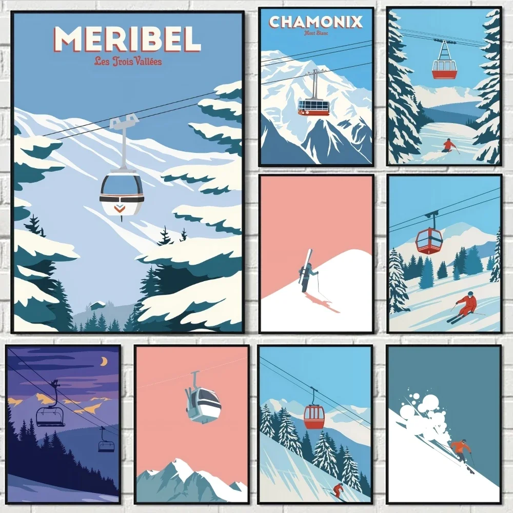 Tabla de esquí de nieve minimalista nórdica, pintura de caligrafía, póster de lienzo de algodón ecológico, arte de pared impermeable para regalo de decoración del hogar