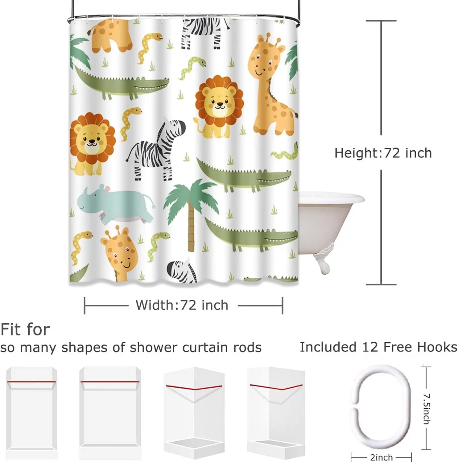 Shower Curtain Safari Animals with Cute Hippo Crocodile Lion Elephant and Giraffe in Childish Style Waterproof Polyester Fabric