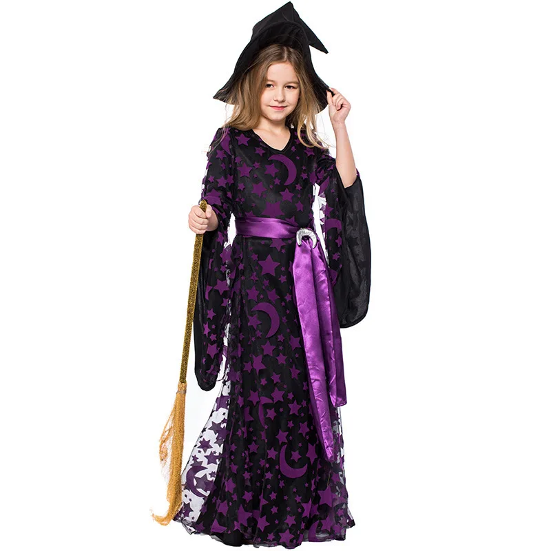Disfraz de bruja púrpura para niños, vestido de escenario de bruja de Halloween con estampado de estrella y luna, vestido largo de bruja