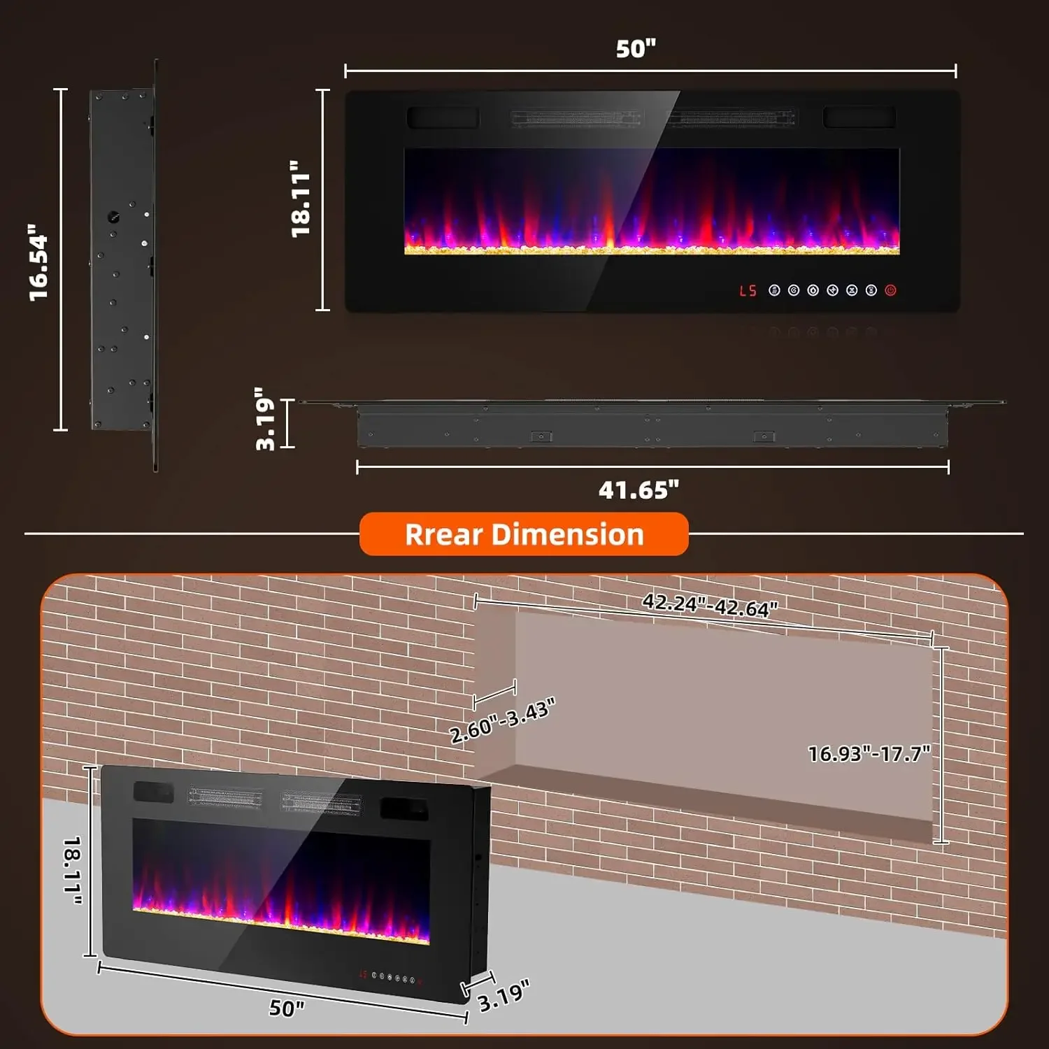 Chimenea eléctrica de pared de pulgadas para sala de estar, chimenea independiente/insertos/montaje en pared con control remoto, Tim