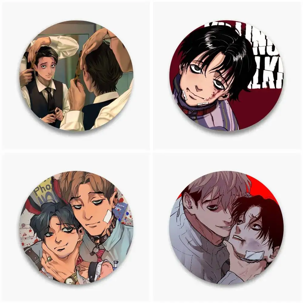 Insignias Vintage de Manga coreana Killing Stalking, insignia láser redonda de Anime, broche de dibujos animados, ropa, mochila, accesorios, solapa