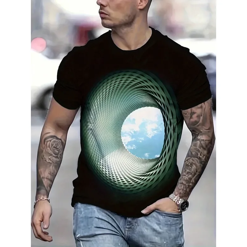 Men's 3D Printed Geometric Spiral Tunnel Optical Illusion T-Shirt Modern Staircase Print Breathable Round Neck Short Sleeve
