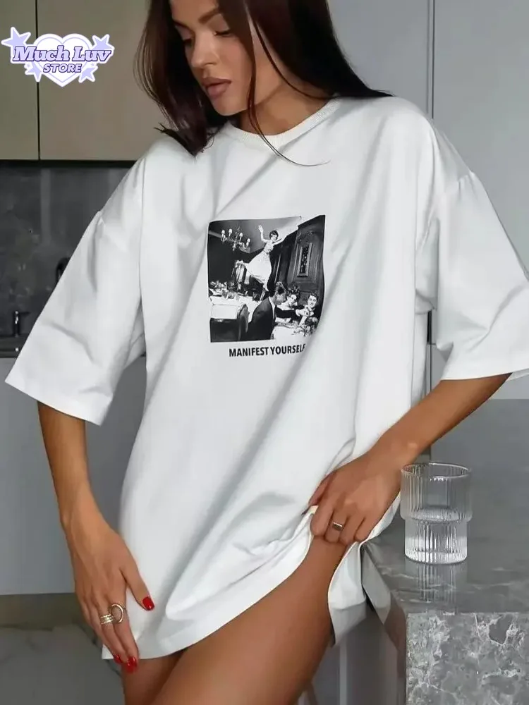 

Женская футболка с принтом на лето, 100% хлопок, модные белые винтажные футболки с короткими рукавами и принтом, модные свободные футболки в стиле хип-хоп