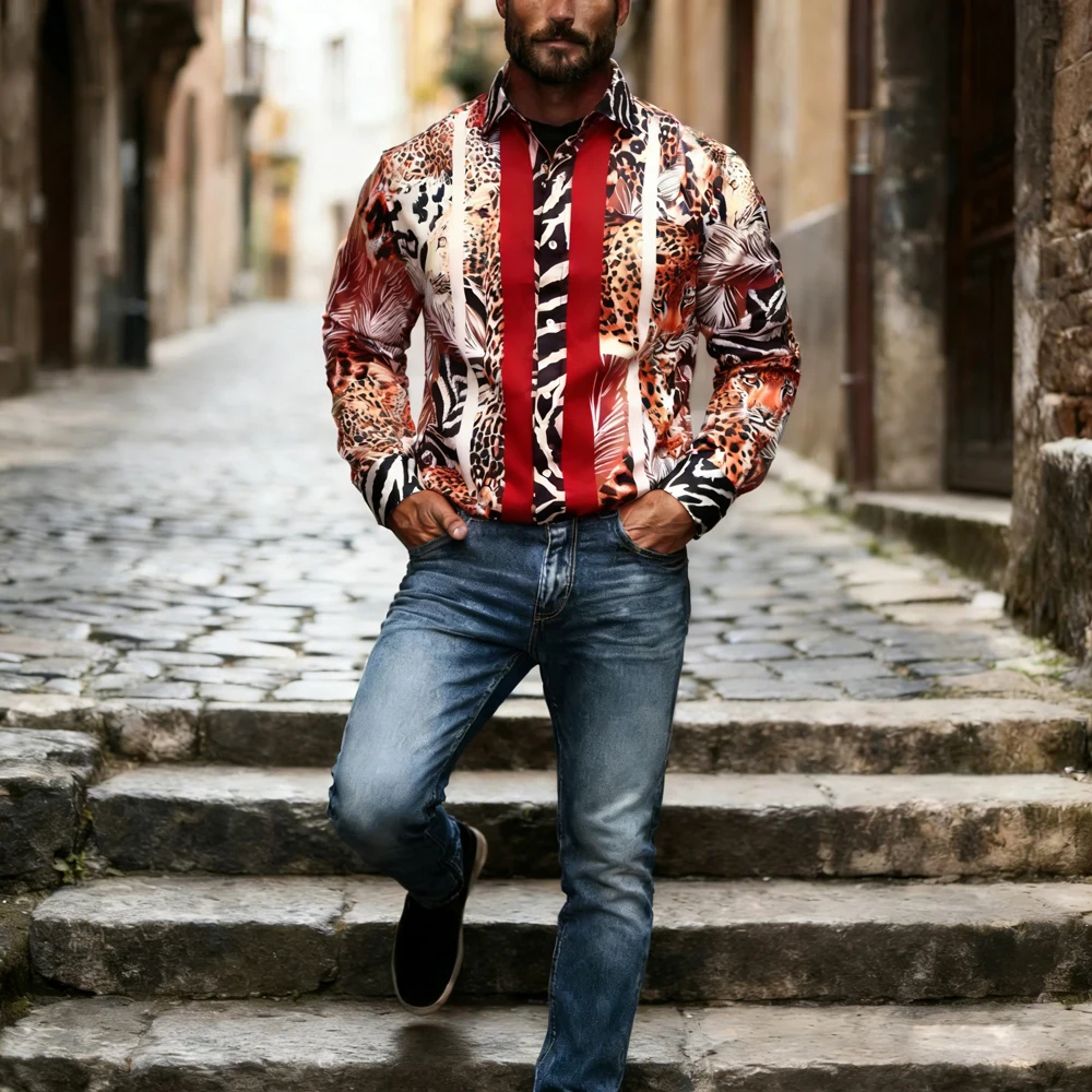 Men's Retro Casual Long Sleeve Shirt Colorful High Definition Printed Shirt Hawaiian Vacation Social Men's Clothing Quick-Drying