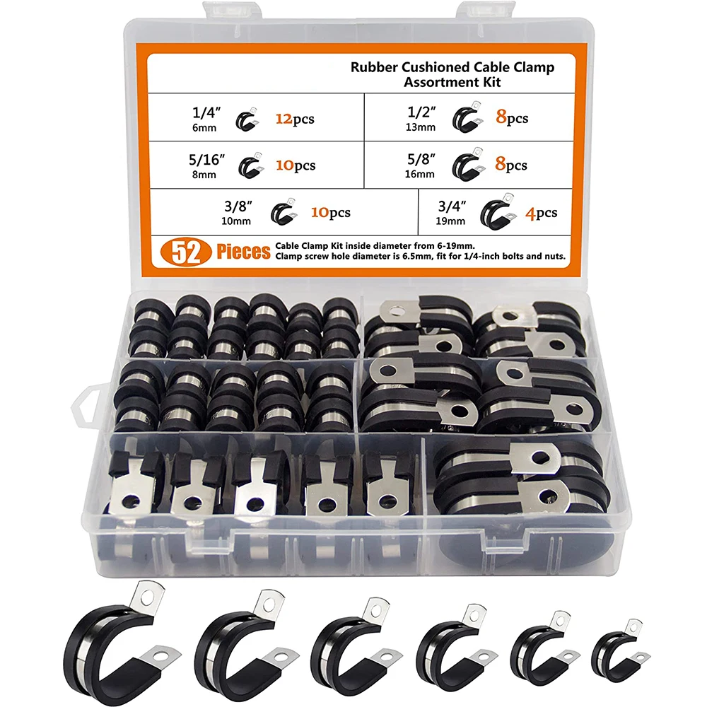 52pcs Cable Clamps Assortment Kit, 304 Stainless Steel Rubber Cushion Pipe Clamps in 6 Sizes 1/4