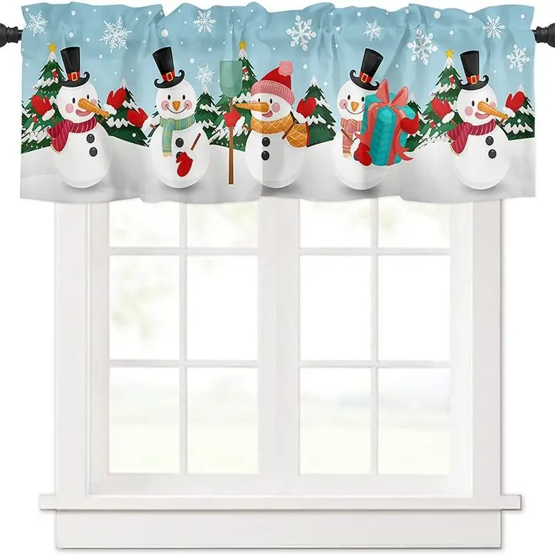 VIKAMA Christmas Window Valance Blue Snowman Hat Scarf Tree Gift Print Kitchen Curtain Topper For Living Room Bedroom Decor