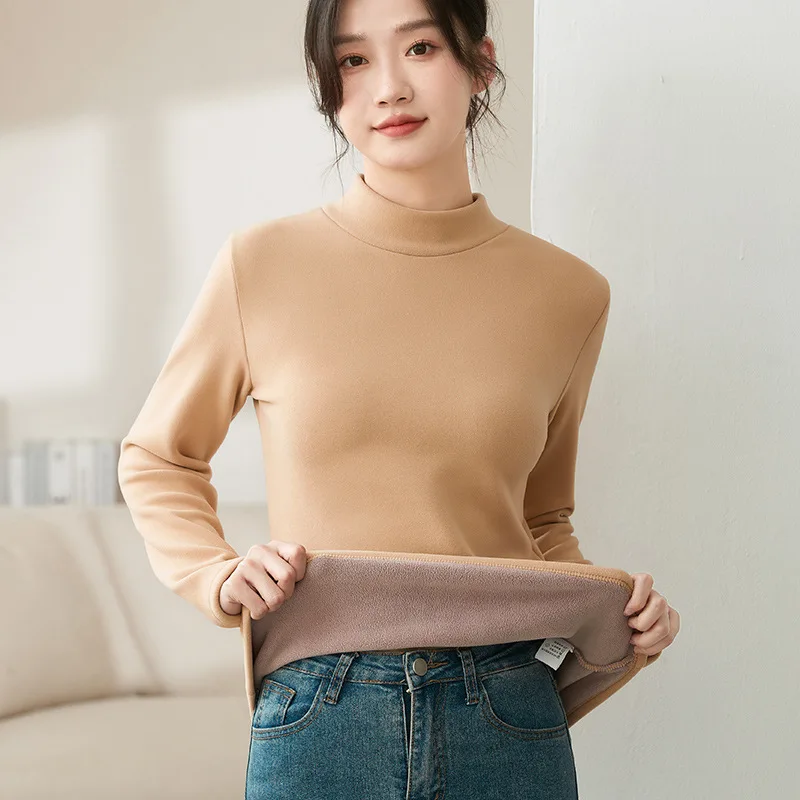 المرأة تي شيرت سميكة الصوف الدافئة الخريف الشتاء محبوك قاع قميص طويل الأكمام الياقة المدورة التي شيرت عادية الكورية تحت قميص