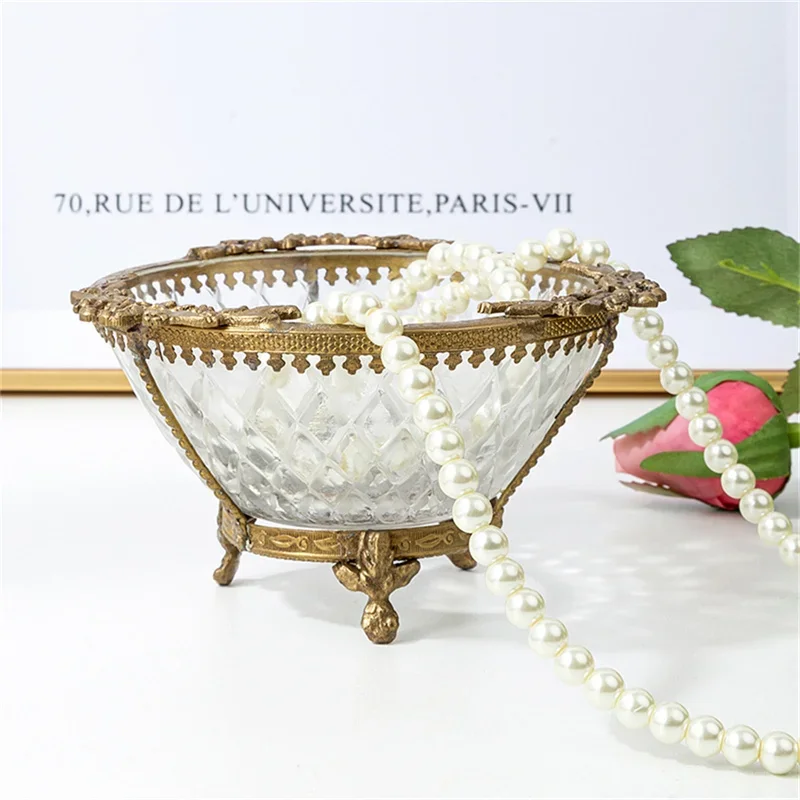 North European Brass Glass Living Room Dried Fruit Trinkets Jewelry Key Storage Tray Bowl Creative Ornaments