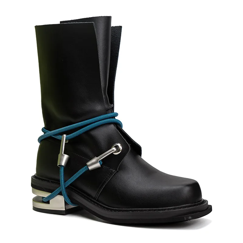 

Cool new metal buckle hiking boots hiking rope round head thick heel non-slip black boots.