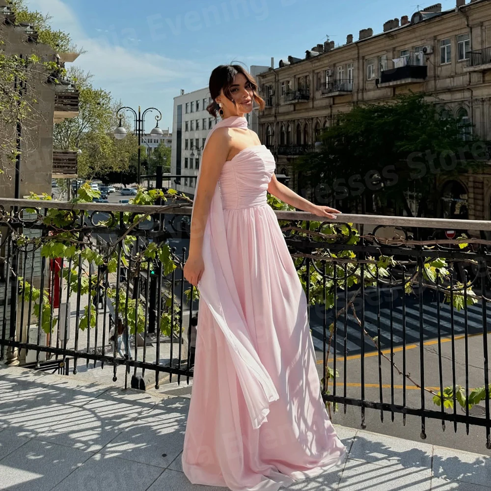 

Elegant Pink A Line Women's Evening Dresses Strapless Sleeveless Prom Gowns Customized Vestidos De Fiesta Pleated Robe De Soirée