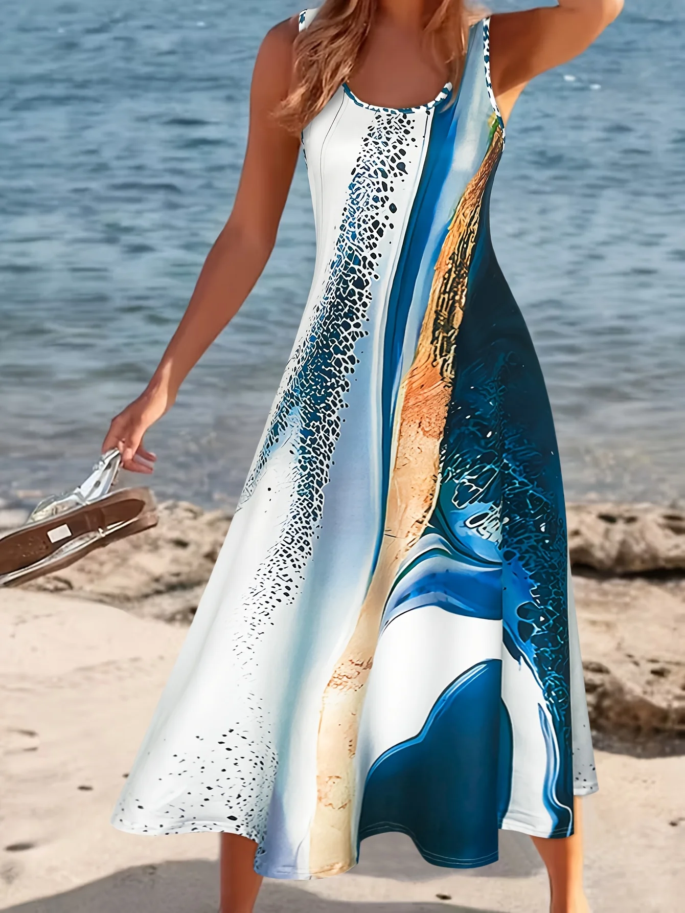 Kleider für Damen Ärmelloses Maxikleid mit Design-inspiriertem grünem Blockmuster Lässiger Sommer-Urlaubsstil Rundhalsausschnitt