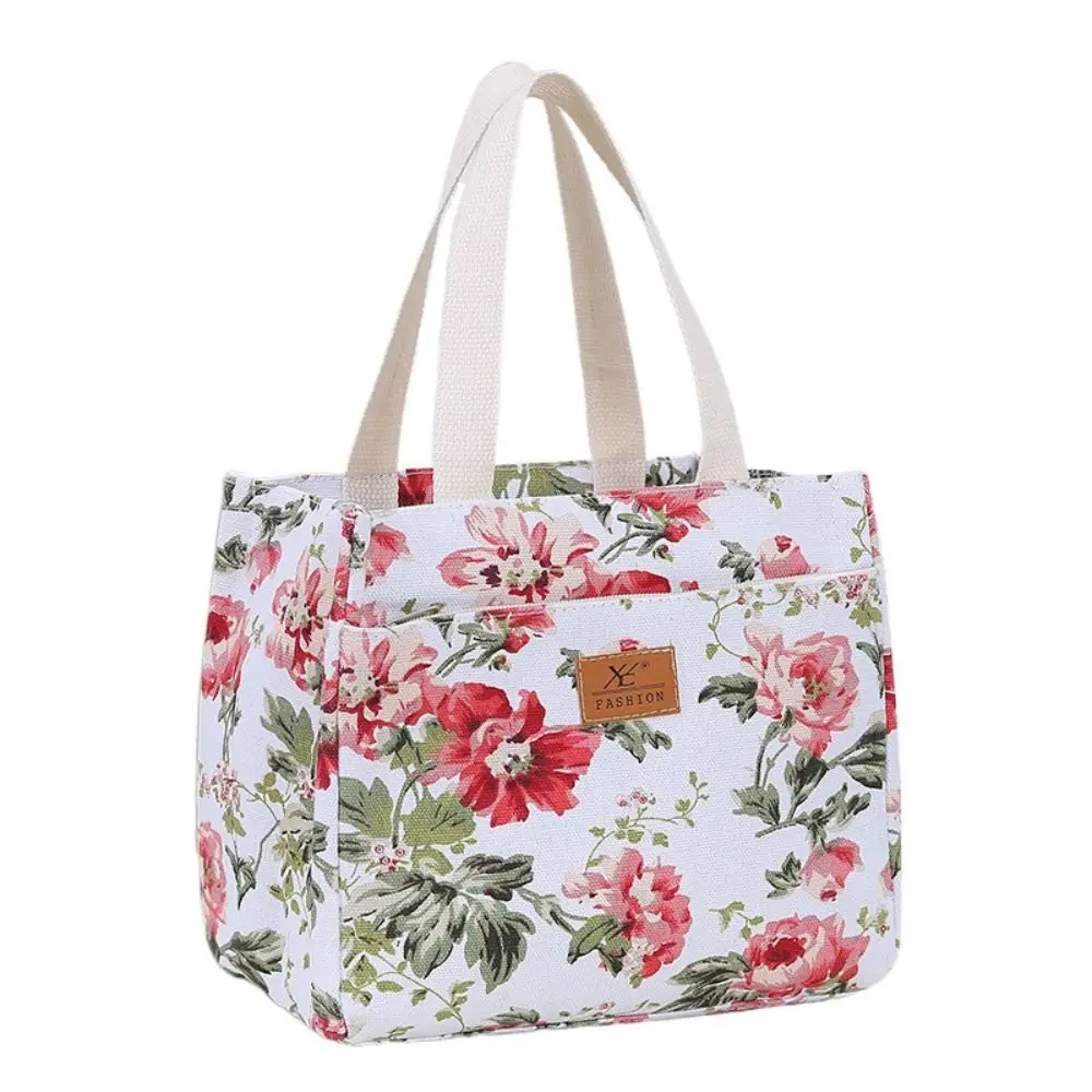 

Portable Insulated Floral Print Lunch Bag Zippered Foil Lining Handbag Japanese Style Large Capacity Thermal Picnic Bag Women