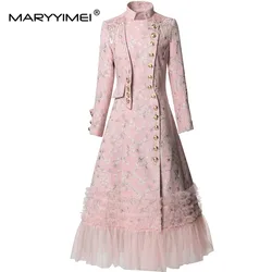 MARYYIMEI Autumn Winter Women's Coat Stand Collar Long-Sleeved Single-Breasted Flounced Edge Sequins Button Long Overcoat