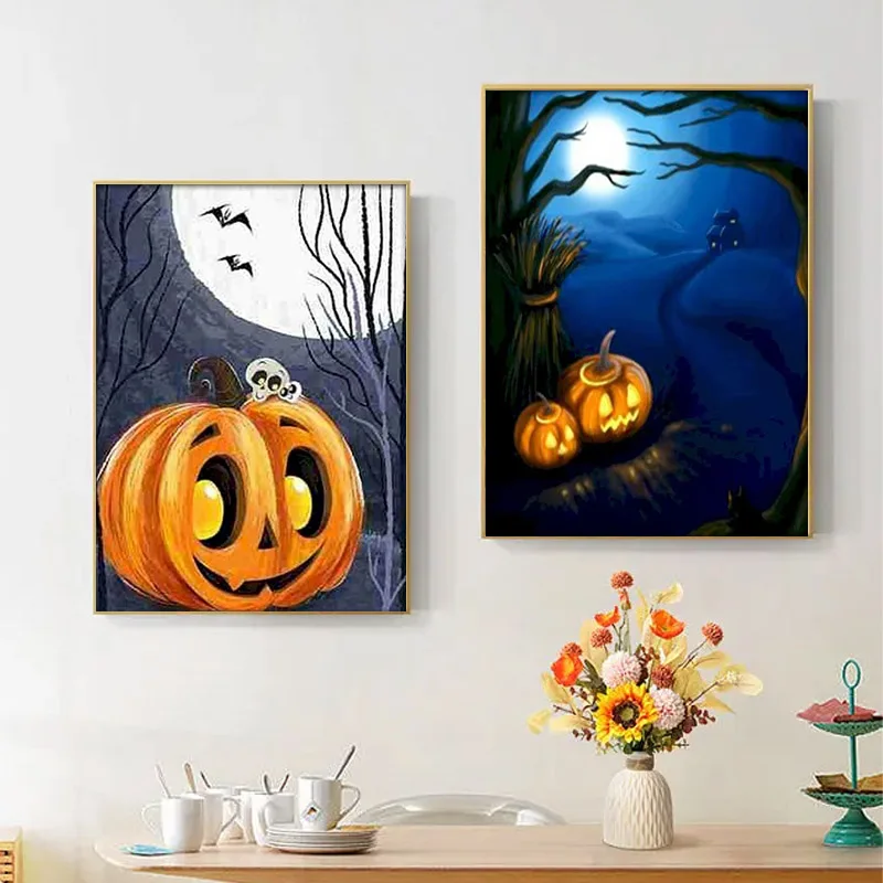 

CHENISTORY Oil Painting Pumpkin scenery Drawing On Canvas HandPainted Art Pictures By Number Halloween Gift Kits Home Decor