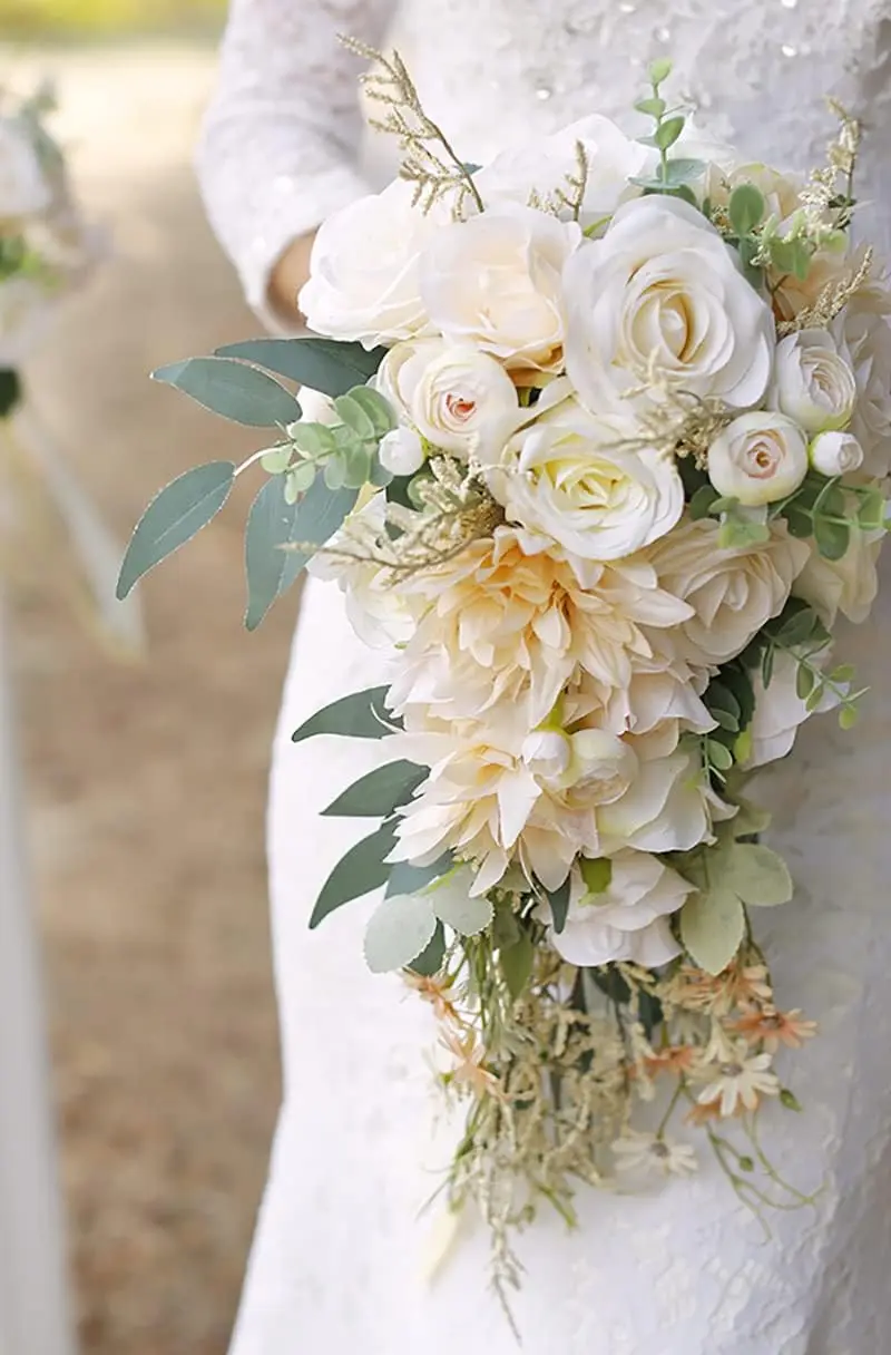 Cascading Bouquets for Bride Beige Rose Artificial Bridal Bouquet for Boho Rustic Wedding Ceremony Anniversary