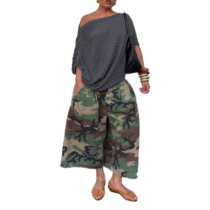 Pantalon longueur genou femme vintage camouflage taille haute coupe droite Y2K streetwear élégant décontracté ample avec empiècements