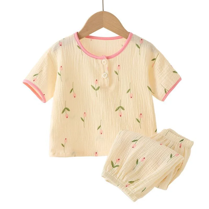 

Комплект одежды для мальчиков и девочек, детская летняя хлопковая рубашка из муслина с коротким рукавом, семейная одежда, Детская домашняя одежда, комплект из топа и брюк