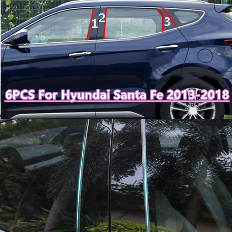 6Pcs Glossy Black Door Window Trim Pillar Posts Pillar Molding Cover Fit For Hyundai Santa Fe 2013 2014 2015 2016 2017 2018