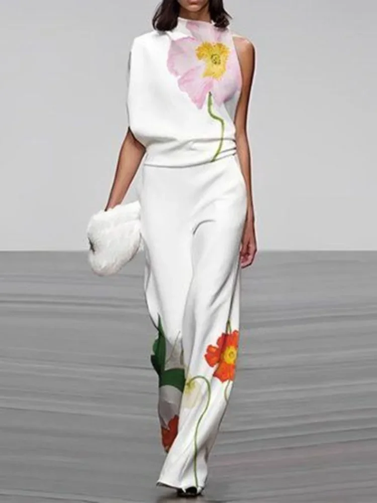 Uoozee Women Fashion Floral Printed High Neck Vest Tops 2024 New Summer Sleeveless Loose Asymmetric Casual White T-shirts