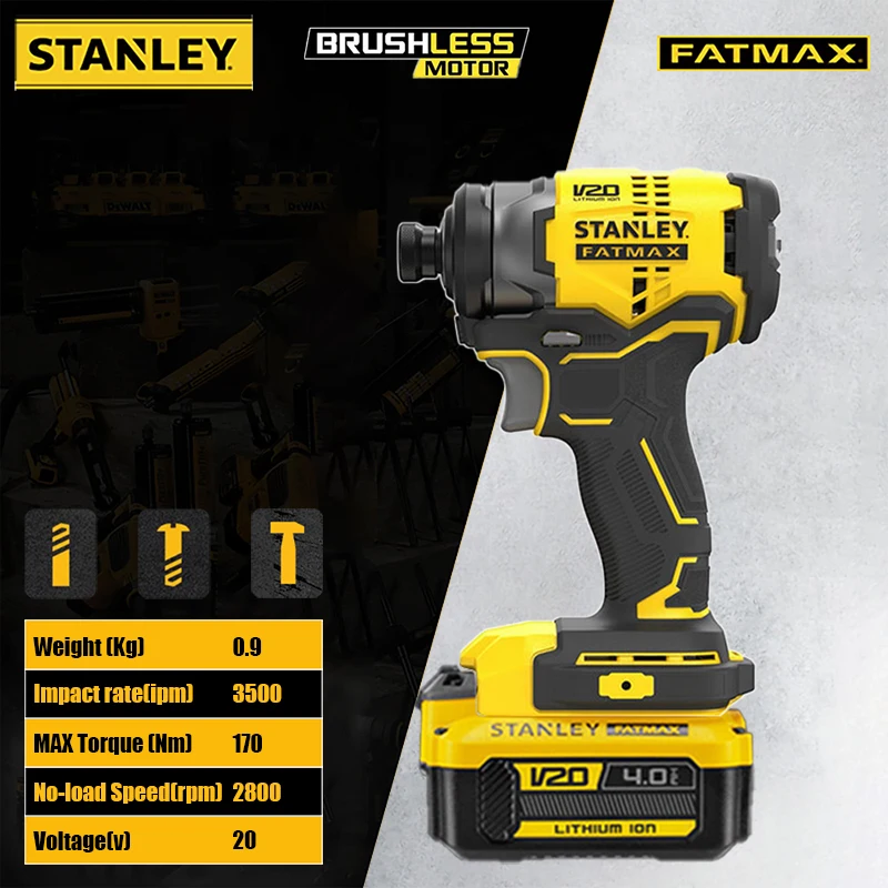 

Stanley SBI810 Cordless Impact Screwdriver Brushless 20v Torque 170Nm 2800rpm 3500bpm Rubber Hand Universal Craftsman Battery