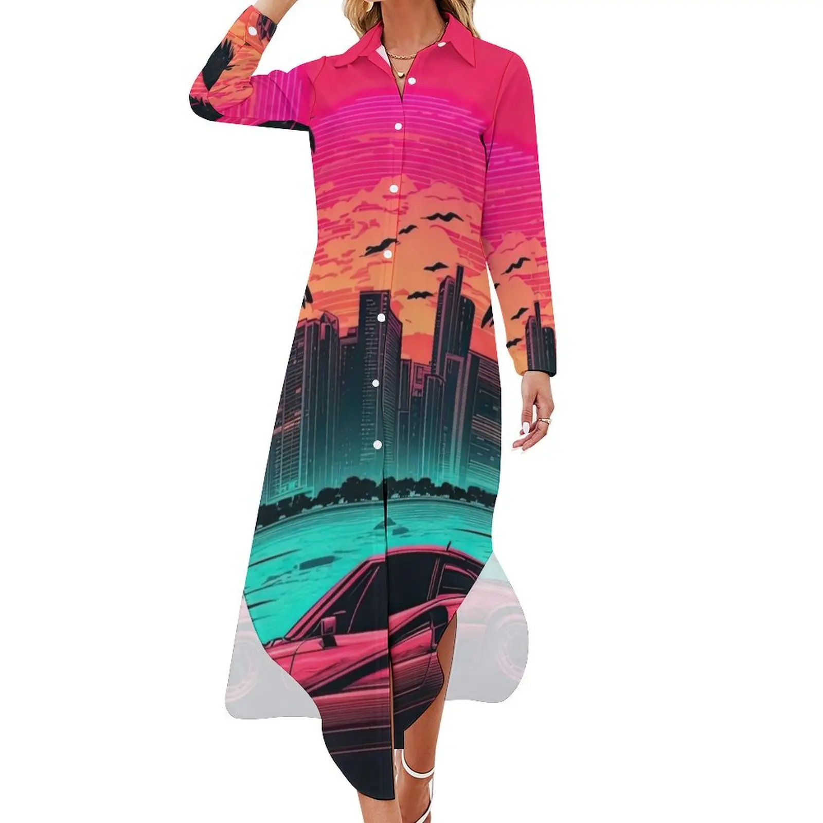 Miami Vice Retro Super Car Design -1980s Visions Long Sleeved Shirt Dress wedding dresses for woman elegant dresses for women