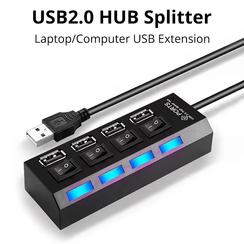 4-in-1 Hochgeschwindigkeits-4-Port-LED-USB-2.0-Adapter-Erweiterungs-Hub Multi-Port-Steckdose mit EIN/AUS-Schalter Ladegerät-Splitter für Computer und Laptops