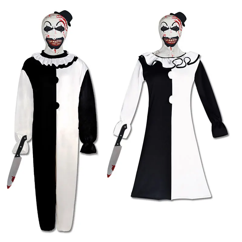 All Saint's Day Black White Clown Costume Long Sleeve Ruffle Neck Jumpsuit Dress Halloween Terrifier Cosplay Creepy Joker Outfit